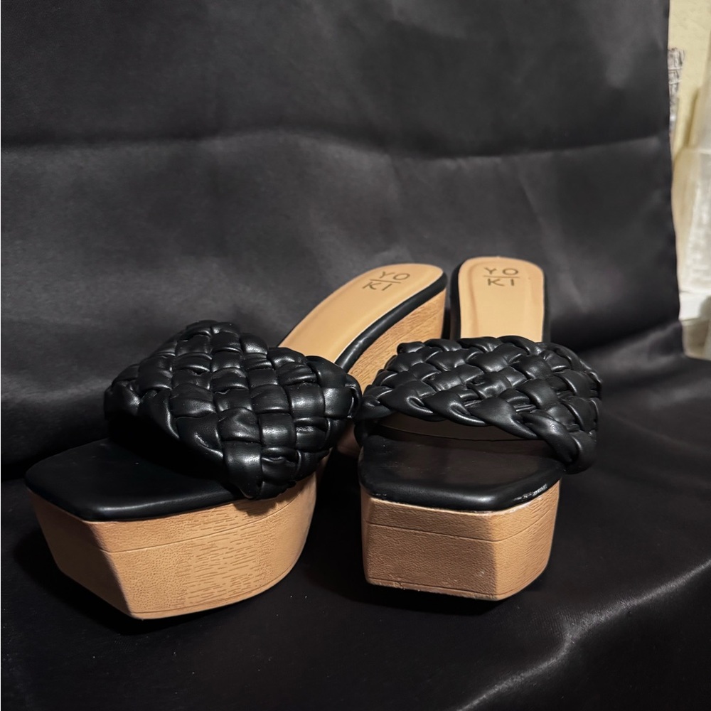 Yoki Black and Tan Platform Slide Sandals